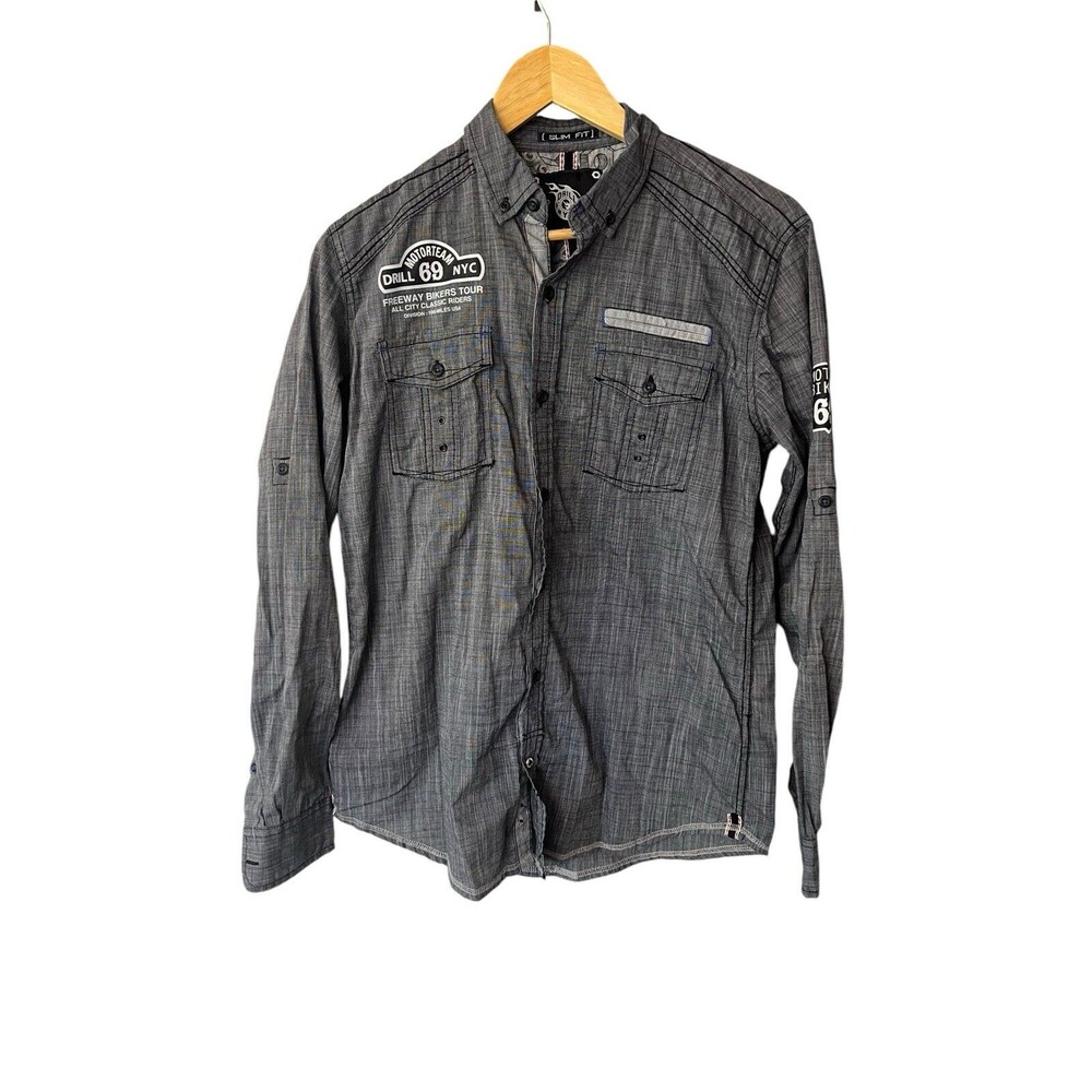 Drill NYC Mens Small Black Gray Button Down Long Sleeve Casual Shirt EUC